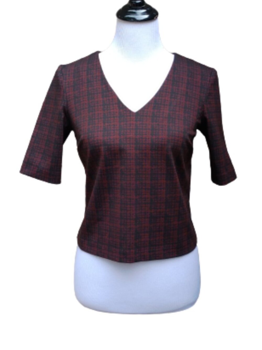 Dalia Plaid Structured Blouse Black Red V-Neck Elbow Sleeves Zipper Back